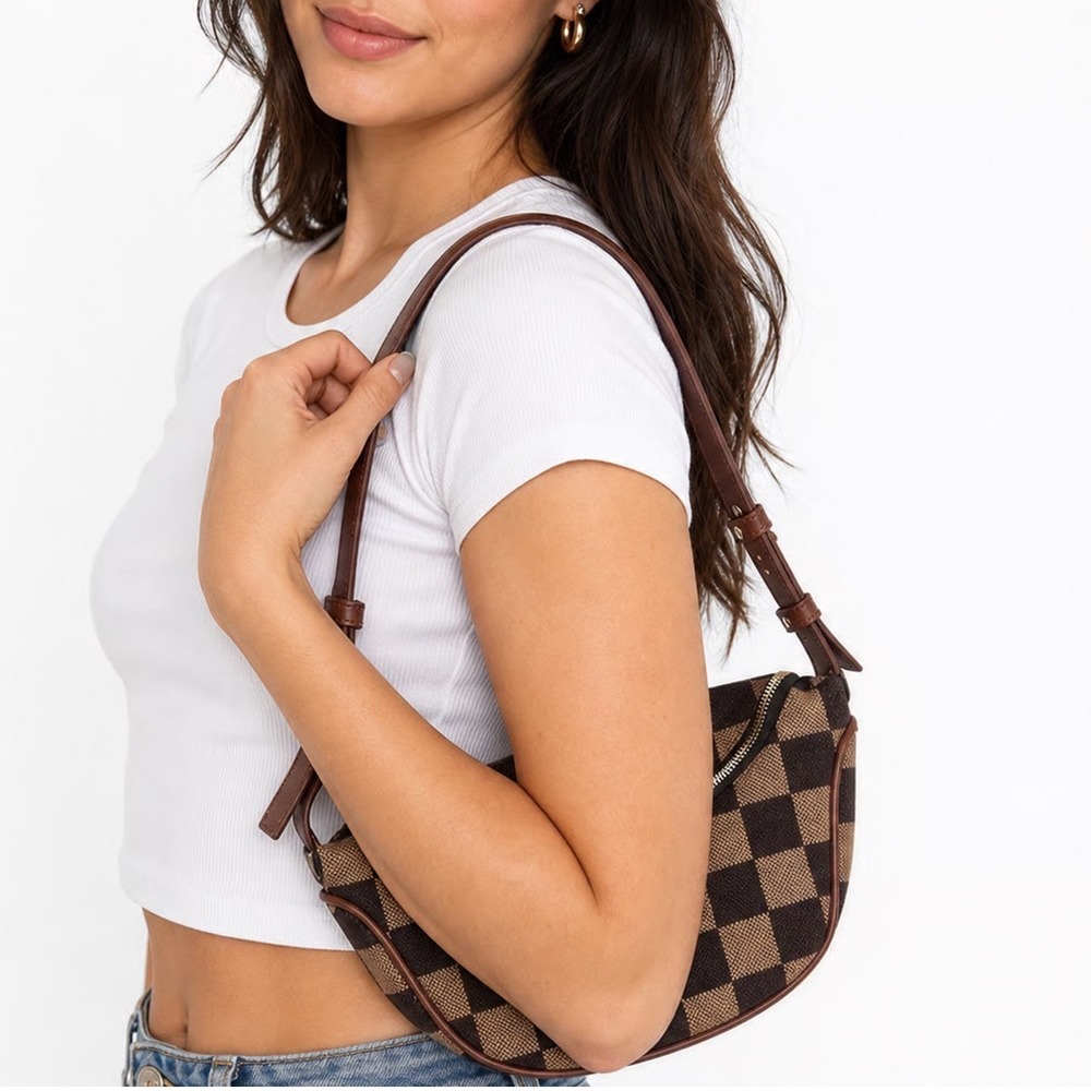 Unbranded Crossbody Bag Womens OS Checkered Brown Crescent Sling Pouch Excellent
